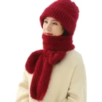 Warme Wintermütze mit Schal, einfarbig, hautfreundlich, winddicht, verdickter Ohrenschutz, Outdoor-Beanie-Mütze für Damen, Weinrot, M