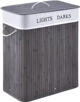 Juskys Bamboo Laundry Basket Curly 100 litrov Grey - Kôš na bielizeň s vekom, rukoväťou a 2 priehradkami - Látka - Akceptovateľné