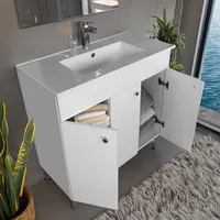 Paplinskimoebel Waschbecken mit Waschtischunterschrank stehend weiß lackiert glänzende Tür 80 cm, eleganter Badezimmerschrank,