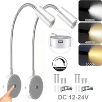 2 Stück LED Wandleuchte Dimmbar 3 Lichtfarben, Leselampe Flexibel Lampenarm,Wandlampe Touch USB-Anschluss 12–24V Innenraum RV Wohnmobil Schiff,silber