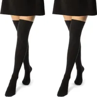 2 Paar Overknee Strümpfe Damen Kniestrümpfe Baumwolle Ringel & Uni 10723 - 2x Schwarz 39-42