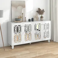 okwish Bílé zrcadlové sideboard s cool křišťálovými úchyty, 4 dveře, s odnímatelným laminátem. Vhodné pro obývací a jídelní pokoj, 160 x 40 x 84 cm