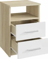 MATKAM Nachttisch in klassischer Optik | H/B/T 58,5 x 40 x 35 cm, mit zwei Schubladen und einem offenen Ablagefach| In verschiedenen Ausführungen erhältlich (Sonoma Eiche – Front in weiß)