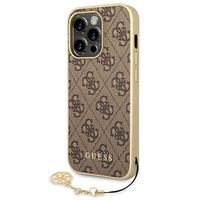 Guess 4G Charms Apple iPhone 14 Pro Hard Case Cover Schutzhülle Kette Anhänger Braun / Gold