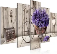 Leinwandbilder Blumen 200x100 cm Vlies Leinwandbild 5 tlg Kunstdruck modern Wandbilder XXL Wanddekoration Design Wand Bild - Lavendel Holzoptik Herz Fahrrad b-C-0644-b-m