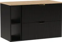 WENA Skříňka pod umyvadlo 100 cm, žebrovaná čela, kovové úchytky ve zlaté barvě (barva: černá, horní deska z dubového dřeva)