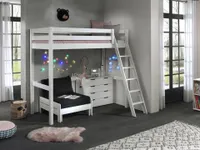 Łóżko loftowe Vipack z materacem o wymiarach 90 x 200 cm wraz z fotelem i komodą