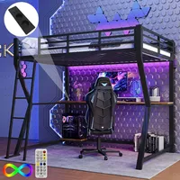 Łóżko loftowe Sweiko 90x200cm, oświetlenie otoczenia, półka na konsolę komputerową, biurko, gniazdko+USB, barierka, schody, bez materaca, czarne