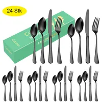24 Stück Besteck Set, Schwarz Mattiert Essbesteck Set für 6 Personen, Besteck Edelstahl Spiegelpoliert, Messer Gabel Löffel Set, spülmaschinenfest