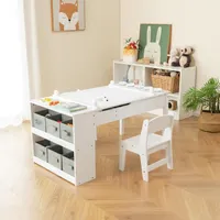 3 in 1 Kindertisch mit 2 Stühlen aus Holz, Kinder Maltisch mit kippbarer Tischplatte & 6 Stoffboxen & 5 Malbehältern & Papierrolle, Kindersitzgruppe mit Stauraum für Kinderzimmer (Weiß)