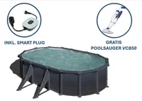 GRE Ovaler Stahlwandpool mit Graphiteoptik 500 x 300 x 132 cm, Serie Granada + Smart Plug + GRATIS Elektrischer Poolreiniger ELECTRIC VAC PLUS