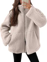 ASKSA Damen Teddy Fleece Jacke Warme Flanell Jacke Dicke Freizeit Winterjacke Einfarbig Fleecejacke mit Taschen Reissverschluss Wintermantel,Gebrochenes Weiss,S