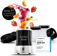 GOURMETmaxx Smoothie Maker Nutrion Mixer Standmixer 7 Funktionen Smoothie Mixer mit To Go Becher Nutrition Mixer Deluxe 11 teilig Edelstahl