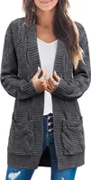 ASKSA Damen Langarm Strickjacke Mittellange Elegant Mantel Open Front Zopfstrick Sweater mit Taschen, Grau, M