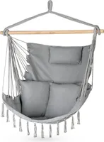Outtec® Závěsné křeslo se 3 polštáři - 100x130x75cm, do 140 kg - Boho křeslo s třásněmi, sedací vak, houpačka pro venkovní použití, zahradu, balkón, dům - šedá barva