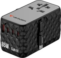 Verbatim Universal-Reiseadapter, GaN III, 85 W, USB-C-Einziehkabel, 4 x USB-C, PD 3.0 & QC 4+, 1 x USB-A, Schwarz