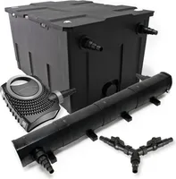 Kompletny zestaw SunSun: filtr stawowy CBF-550 o pojemności do 60000 l jako filtr przepływowy, pompa stawowa NEO10000 SuperECO 10000 l/h 80 W, odstojnik stawowy CUV-272, odstojnik UVC o mocy 72 W, rozdzielacz Y