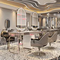 360Home Frisiertisch mit LED Spiegel Stylingstation Bedienplatz Friseursalon Schrank mit Schubladen Frisierplatz mit Edelstahlrahmen Silber E 4-Sitzer