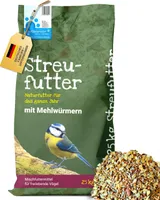 Futterbauer Streufutter schalenlos mit Mehlwürmern 25 kg, getrocknet, Ganzjahres-Vogelfutter ohne Schalen, mit proteinreichen Mehlwürmern für Wildvögel