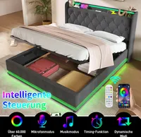 MODFU Boxspringbett Hydraulisches 180 x 200 cm mit LED-Beleuchtung(Drucktaste/App/Fernbedienung.), Polsterbett Funktionelles mit USB&Typ-C-Ladeanschluss, Doppelbett Stauraumbett mit Bettkasten Stauraum, Leinen Grau(Ohne Matratze)