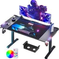 Homdox 180x70 cm Gaming-Tisch mit LED-Beleuchtung, Kohlefaseroberfläche, Kabelmanagement-Box, Becherhalter und Kopfhörerhaken, schwarz