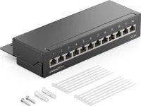 deleyCON CAT 6a Patchpanel Verteilerfeld 12 Port - Desktop & Wandmontage Geschirmt 12x RJ45 Buchse - TIA568A TIA568B - Schwarz
