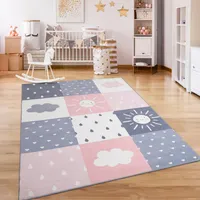 Teppich Kinderzimmer Kinderteppich Kurzflor Rutschfest Herzen Sonne Regenbogen Grösse 120 cm Rund