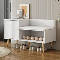 Moderne B100xT40xH58cm Schuhtruhe Weiß Stauraum gepolsterter Sitzbank Rückenlehne Schuhregal Metallgriffen Metallbeinen Perfekt Eingangsbereich