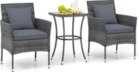 COSTWAY 3 TLG. Polyrattan Gartenmöbel mit Glastisch und Kissen, Rattanmöbel Sitzgruppe, Gartenset, Sitzgarnitur Balkon-Set, Gartengarnitur Grau