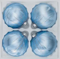 4 tlg. Glas-Weihnachtskugeln Set 8cm Ø in Ice Blau Silber Regen
