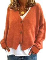 ASKSA Damen Strickpulli Lose Lässige Strickjacken V-Ausschnitt Einfarbig Knopf Strickjacke Pullover, Orange, L