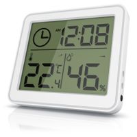 BEARWARE - Thermometer Hygrometer - Temperatur und Luftfeuchtigkeit – Uhrzeit - gut ablesbare LCD-Anzeige – Magnethalter, Aufhängeöse und Standfuß - inkl. Batterie - weiß