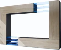 Vladon Wohnwand Mirage,  Germany, Anbauwand mit Rückwand mit 2 Türen, 2 Klappen und 6 offenen Glasablagen, Schwarz matt/Eiche Sägegrau, inkl. LED-Beleuchtung (262 x 183 x 39 cm)