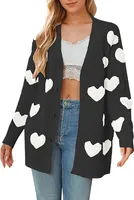 ASKSA Damen Langarm Strickjacken V-Ausschnitt Knopfleiste Open Front Sweater Cardigan Herzmuster Casual Strickmantel mit Tasche (Schwarz,M)