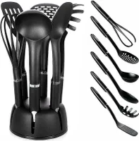 BEM Küchenutensilien Kochlöffel Küchenhelfer Set 6-tlg. Küchenset inkl. Pfannenwender, Suppenkelle, Spaghettilöffel, Nudellöffel, Schaumlöffel, Schneebesen mit Kochutensilien Behälter