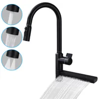 Homelody Wasserfall Küchenarmatur, Wasserhahn Küche Ausziehba 360° Drehbar, Mischbatterie Küchenarmatur mit 4 Wassersprühmodi, Edelstahl, Schwarz