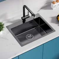 55 x 45 CM Küchenspüle Edelstahl Waschbecken Einbauspüle Spülbecken mit Seifenspender + 2 Montagelöcher + Ablaufgarnitur, Schwarzgrau