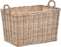 KRINES HOME Stabiler Kaminholzkorb, Flechtkorb mit eingearbeitetem Jutestoff/Holzkorb Kaminkorb aus unbehandeltem Natur-Rattan Grau