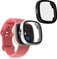 kwmobile 2x Cover kompatibel mit Fitbit Versa 4 / Sense 2 Hülle - Fullbody Fitnesstracker Case Set aus Glas - Schwarz Silber
