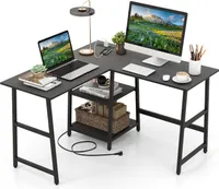 COSTWAY Biurko w kształcie litery L, biurko narożne z gniazdkami elektrycznymi, portami USB i półkami, biurko komputerowe, biurko 120x120x75cm rustykalne czarne