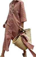 ASKSA Dámské letní Vintage Button Down Shirtdresses s dlouhými rukávy Módní pruhované volný pas Tie příležitostné šaty (červená,XL)