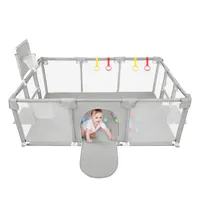 Laufstall baby 180x120cm,Laufgitter mit Basketballkorb,Fußballnetzen,Zugring,Schutzgitter mit Rutschfester Basis, Krabbelgitter für Kinder Hellgrau