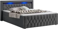 Juskys Boxspringbett Leona Samt 180x200 cm in Grau – mit LEDs, Topper & Federkern-Matratzen