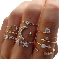 7-teiliges Ringset mit Stern-Mond-Kreuz-Twist-Strasssteinen, verstellbare Knöchelringe für Damen, exquisites Stapel- und Schichtringset