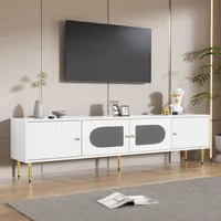 MODFU TV-Schrank Lowboard mit Goldenen Beinen und Griffen für 80-Zoll-TV, Fernsehtisch Wohnzimmerschränke mit 2 Türen mit Vertikalrillen, 2 Türen mit Bogenglas für Wohnzimmer, Esszimmer,weiß