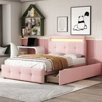 Flieks Polsterbett 90x200cm, Kinderbett mit Schubladen und Lattenrost, Jugendbett Einzelbett mit Led, Holzbett für Damen Kinder Jugend, Leinen, Rosa