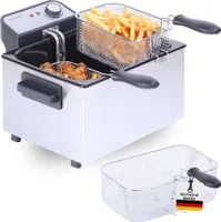 Sommertal XXL Doppel-Fritteuse mit Öl oder Fett – 3 Körbe, 5 Liter, 3000 Watt, Kaltzone, DF3270 – echte Edelstahl Fritteuse für knusprige Pommes