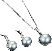 Damen-Schmuckset mit rundem Anhänger, Halskette und Ohrringen mit Kunstperlen und Strasssteinen-Silber