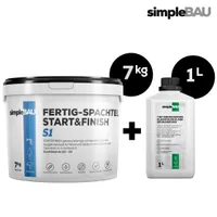 SimpleBau Spachtelmasse Start&Finish gebrauchsfertig zum Reparieren und Glätten von Wänden Perfekte weiße Farbe, 7kg + 1l Grundierung