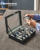 SONGMICS Uhrenbox Uhrenkasten, mit 10 Fächern, mit Glasdeckel, Samtfutter